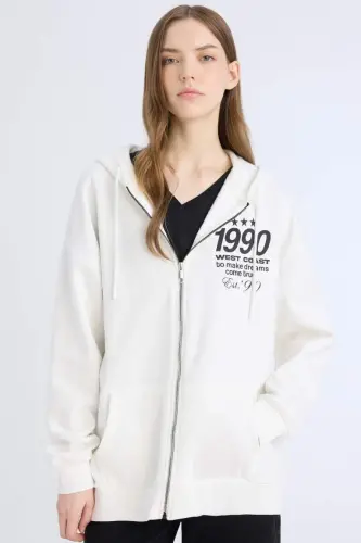 Oversize Kengash Qolip Kapüşonli Baskılı Fermuarlı Qalin Sweatshirt-Kırıq Oq - 1