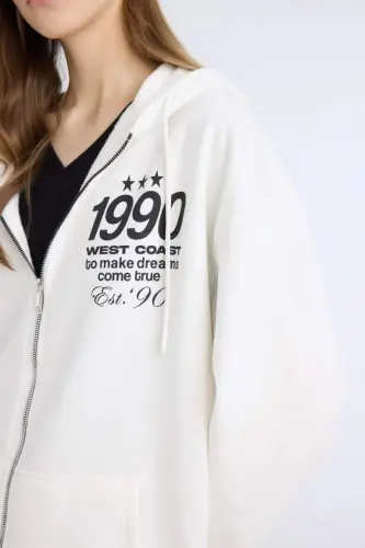 Oversize Kengash Qolip Kapüşonli Baskılı Fermuarlı Qalin Sweatshirt-Kırıq Oq - 4