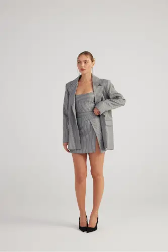Oversize Kesim Simli Çizgili EdenBlazerCeket Gri-G 