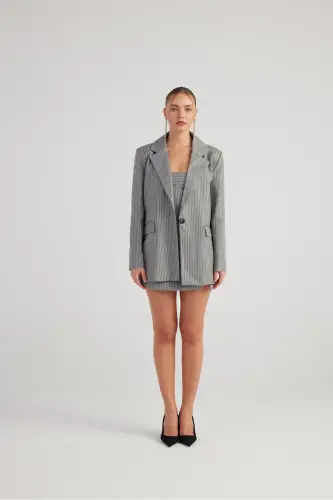 Oversize Kesim Simli Çizgili EdenBlazerCeket Gri-G - 6