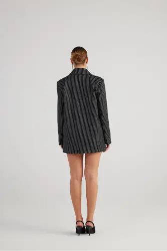 Oversize Kesim Simli Çizgili Eden Blazer Ceket Siyah-Siyah - 4