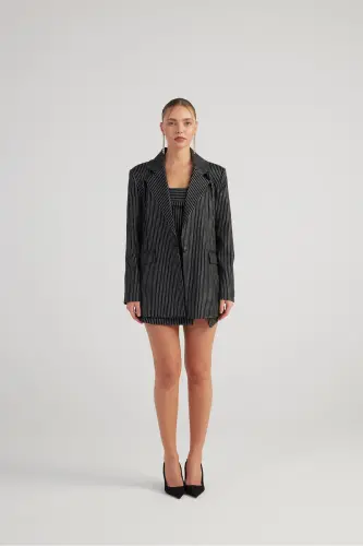 Oversize Kesimli Yaltiroq Chiziqli EdenBlazerKostyum Qora - 10