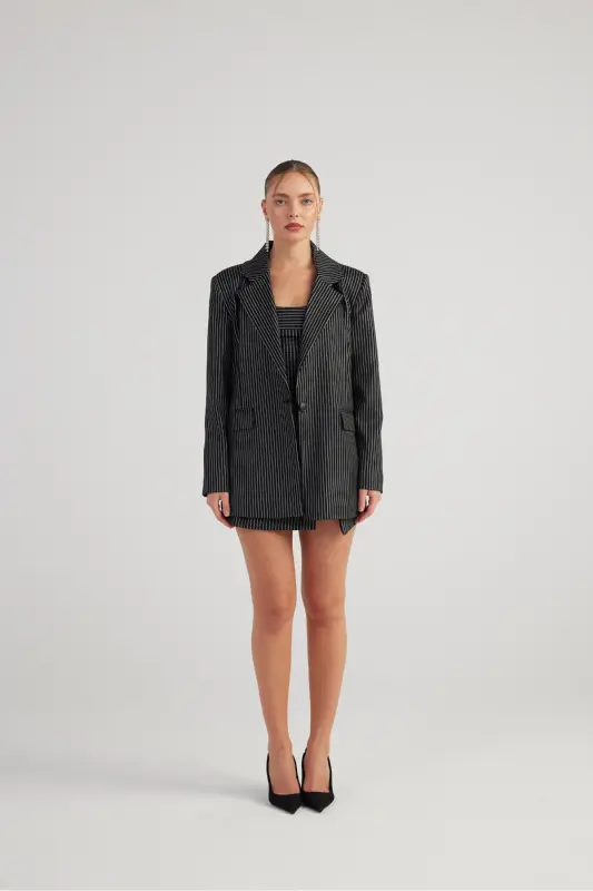 Oversize Kesimli Yaltiroq Chiziqli EdenBlazerKostyum Qora - 10