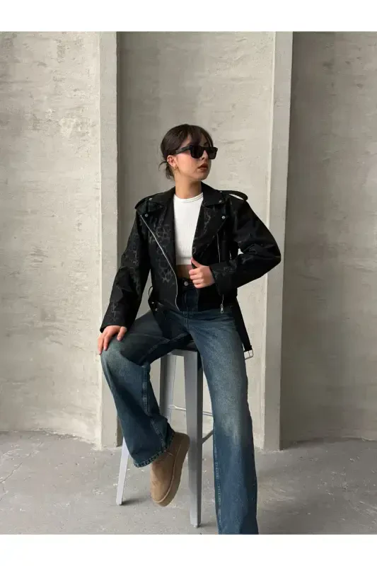 Oversize Кожаный Стиль Леопардовая Куртка с Поясом - черный - 2