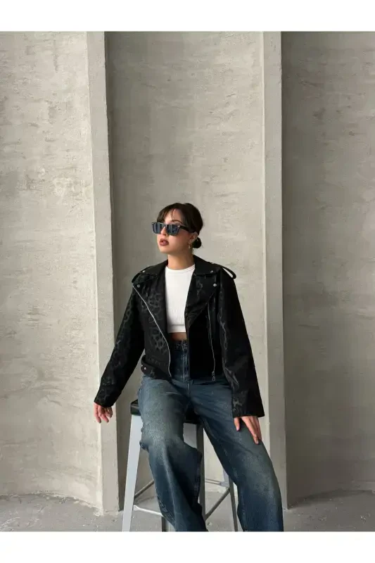 Oversize Кожаный Стиль Леопардовая Куртка с Поясом - черный - 3