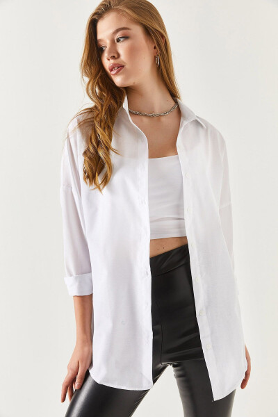 Oversize Long Basic Shirt - White - 1