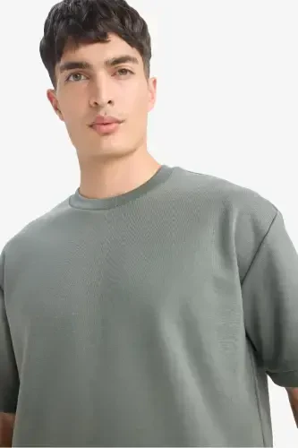 Oversize Loose Fit Crew Neck Basic Plain Short Sleeve T-Shirt-Green - 2