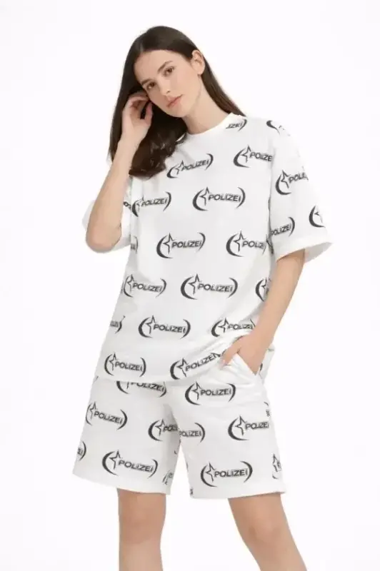 Oversize Ön Ve Arka Baskılı Tişört Şort Takım Rahat Kalıp Yazlık Günlük Kombin - Beyaz - 1