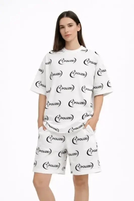 Oversize Ön Ve Arka Baskılı Tişört Şort Takım Rahat Kalıp Yazlık Günlük Kombin - Beyaz - 2