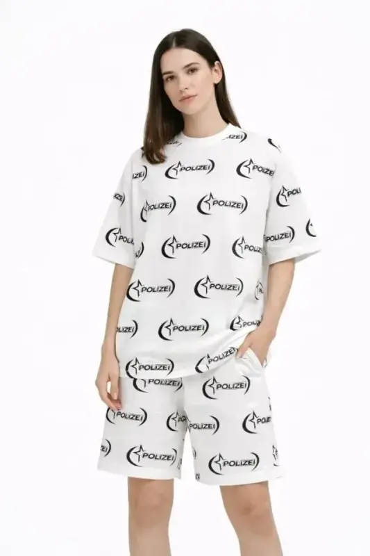 Oversize Ön Ve Arka Baskılı Tişört Şort Takım Rahat Kalıp Yazlık Günlük Kombin - Beyaz - 3