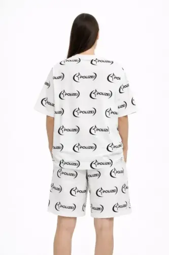 Oversize Ön Ve Arka Baskılı Tişört Şort Takım Rahat Kalıp Yazlık Günlük Kombin - Beyaz - 4