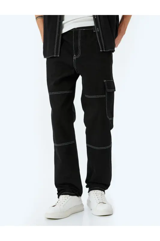 Oversize Pamuklu Dikiş Detaylı Kargo Straight Kot - 3