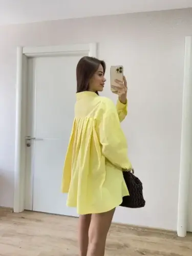 Oversize Pens Detaylı Cepli Yırtmaçlı Rahat Kalıp Poplin Gömlek - Sarı - 3