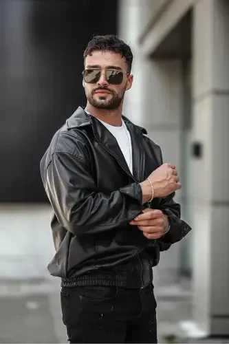 Siyah Erkek Deri Ceket Oversize - 2