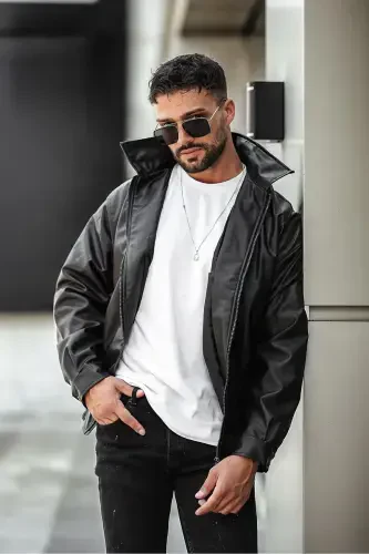 Siyah Erkek Deri Ceket Oversize - 4