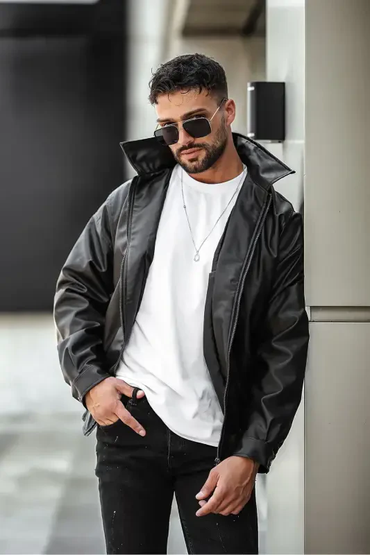 Siyah Erkek Deri Ceket Oversize - 4