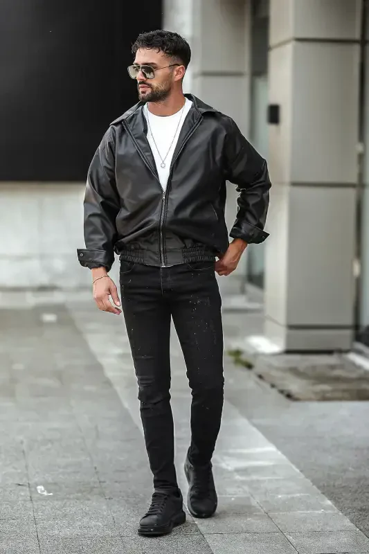 Siyah Erkek Deri Ceket Oversize - 5