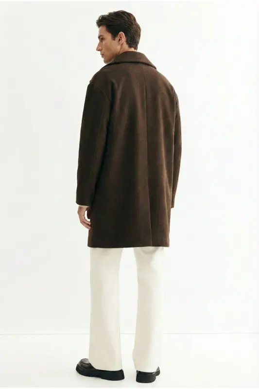 Oversize Rahat Kesim Uzun Erkek Kaşe Kaban Palto Kahve - Kahve - 2