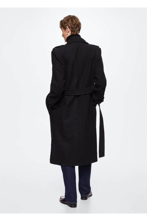 Oversize Saf Yün Trençkot - Lacivert - 4