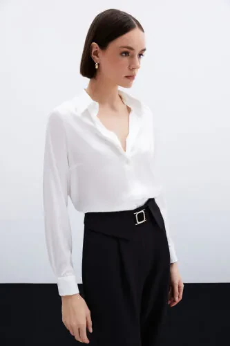 Oversize Satin Shirt - Ecru - 6