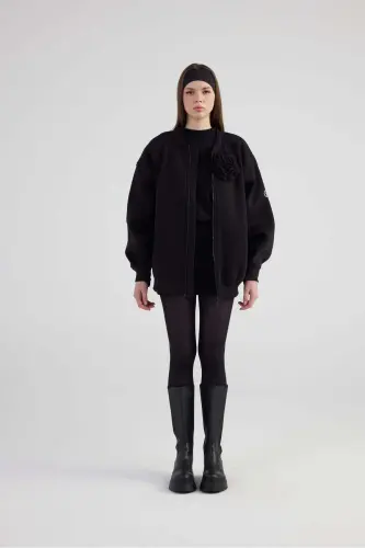 Oversize Съемный Декор Роза Подкладка Alexa Куртка-Бомбер Черный - 3