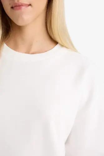 Oversize Широкий Крой Велосипедный Воротник Базовая Однотонная Футболка с Короткими Рукавами - Экрю - 5