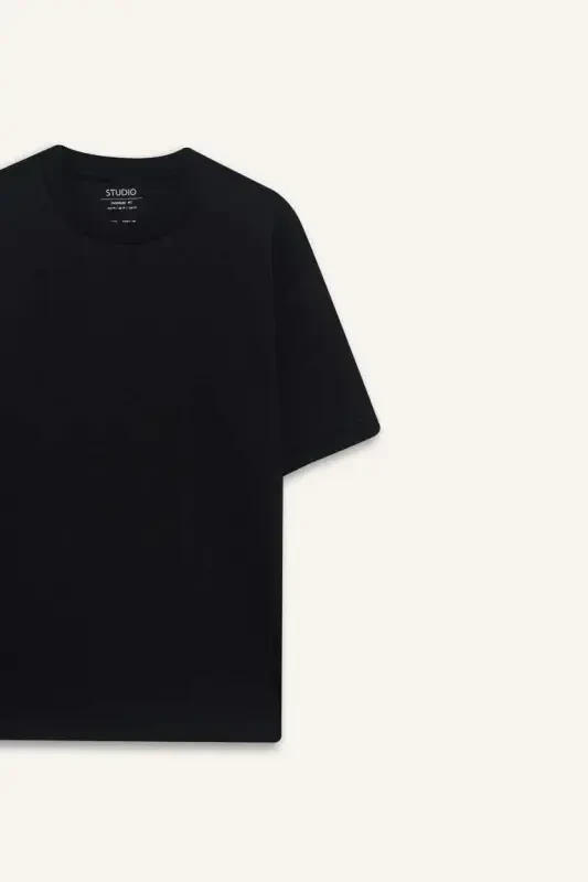 Oversize Широкий Крой Велосипедный Воротник Базовый Однотонный Короткий Рукав Тяжелая Ткань Черная Футболка-Черный - 8