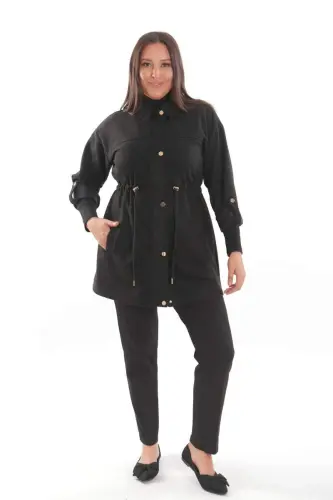 Oversize Snap Button Suede Black Trench Coat - 1