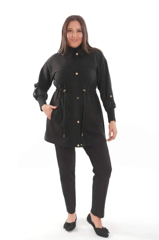 Oversize Snap Button Suede Black Trench Coat - 1