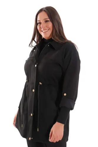 Oversize Snap Button Suede Black Trench Coat - 4