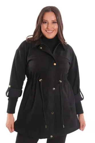 Oversize Snap Button Suede Black Trench Coat - 7