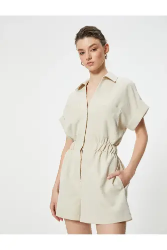 Oversize Şort Tulum Gipeli Cep Detaylı Kısa Kollu-Taş - 1