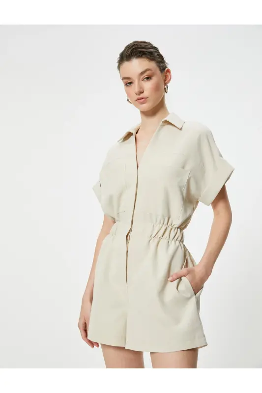 Oversize Şort Tulum Gipeli Cep Detaylı Kısa Kollu-Taş - 1