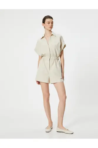 Oversize Şort Tulum Gipeli Cep Detaylı Kısa Kollu-Taş - 3