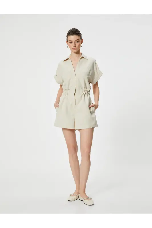 Oversize Şort Tulum Gipeli Cep Detaylı Kısa Kollu-Taş - 2