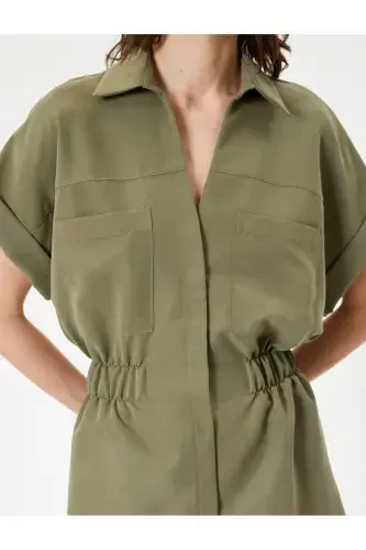 Oversize Шорты Комбинезон Кружевной Карман Детали Короткий Рукав-Хаки - 5