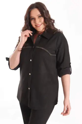 Oversize Stone Printed Suede Black Shirt - 1