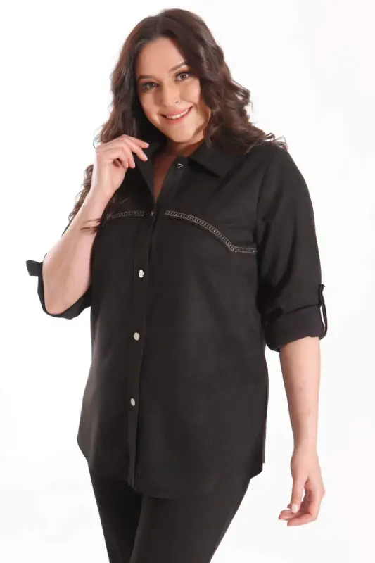 Oversize Stone Printed Suede Black Shirt - BÜYÜKBEDENIZ