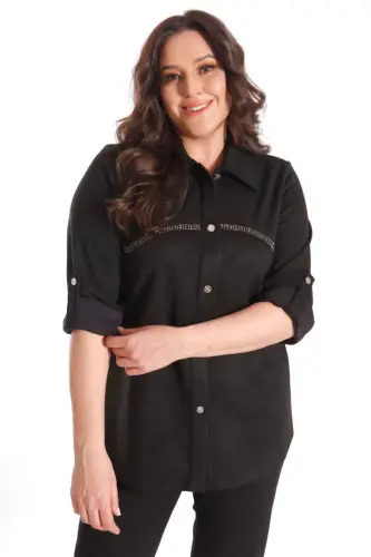 Oversize Stone Printed Suede Black Shirt - 3