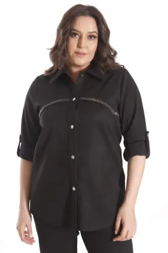 Oversize Stone Printed Suede Black Shirt - 6