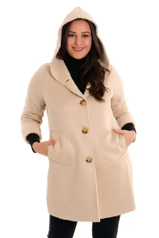 Oversize Suede Fur Lined Beige Coat - BÜYÜKBEDENIZ