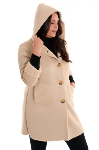 Oversize Suede Fur Lined Beige Coat - 3