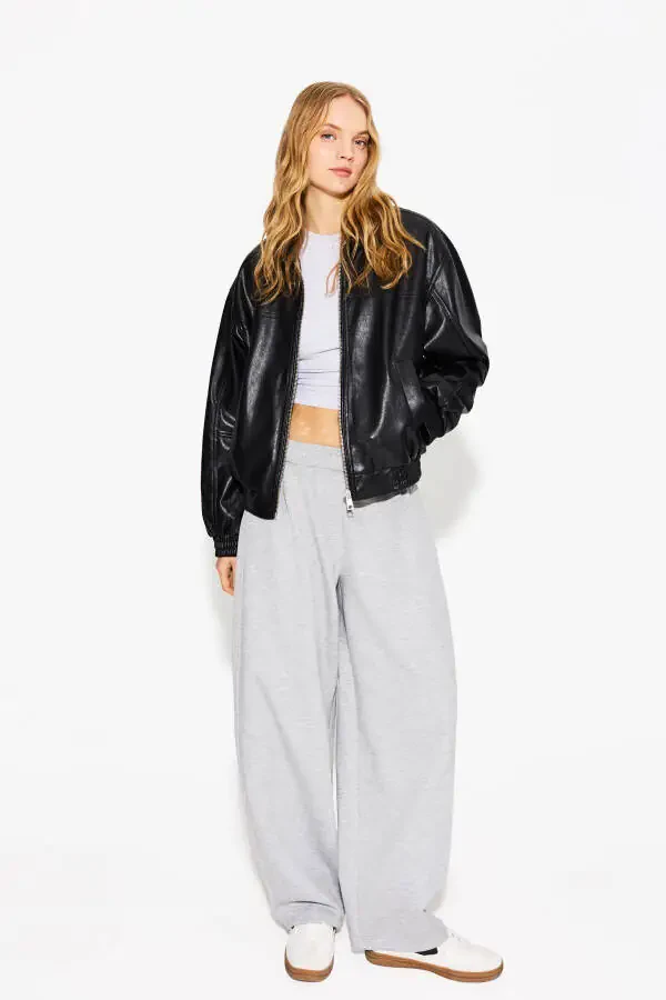 Oversize suni deri ceket-Black - 3