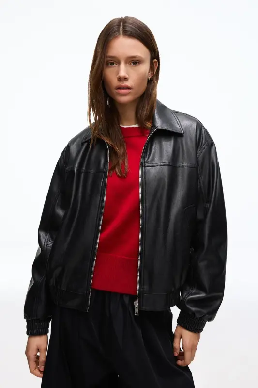 Suni deri ceket-Black - 2