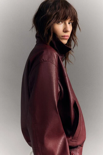 Oversize suni deri ceket-Bordo - 3
