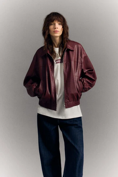 Oversize suni deri ceket-Bordo - 4