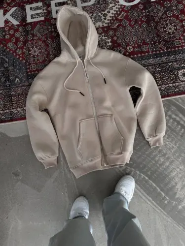Oversize Tam Fermuarlı Uzun Kol Hırka - Bej - BÜYÜKBEDENIZ (1)