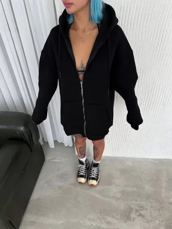 Oversize Tam Fermuarlı Uzun Kol Hırka - Siyah - BÜYÜKBEDENIZ