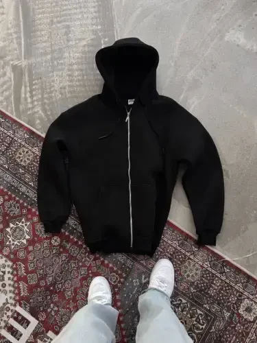 Oversize Tam Fermuarlı Uzun Kol Hırka - Siyah - BÜYÜKBEDENIZ (1)