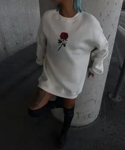 Oversize Üç İplik Bisiklet Yaka Baskılı SweatShirt - Beyaz - BÜYÜKBEDENIZ (1)